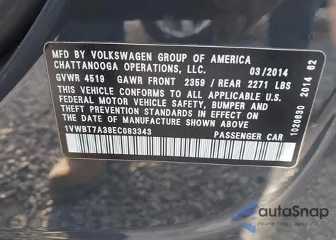 2014 Volkswagen Passat 1.8T Sport z USA, uszkodzony, nr VIN 1VWBT7A38EC083343